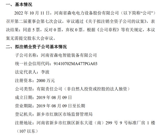 亿博电竞 亿博官网森电电力拟注销全资子公司河南省森电智能装备